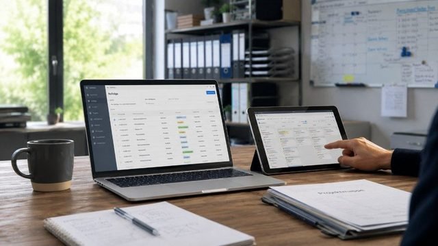 Handwerker vergleicht ERP-System und Handwerkersoftware im Büro