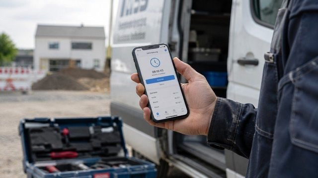Mobile Arbeitszeiterfassung für Handwerker: Monteur stempelt auf der Baustelle per Smartphone ein