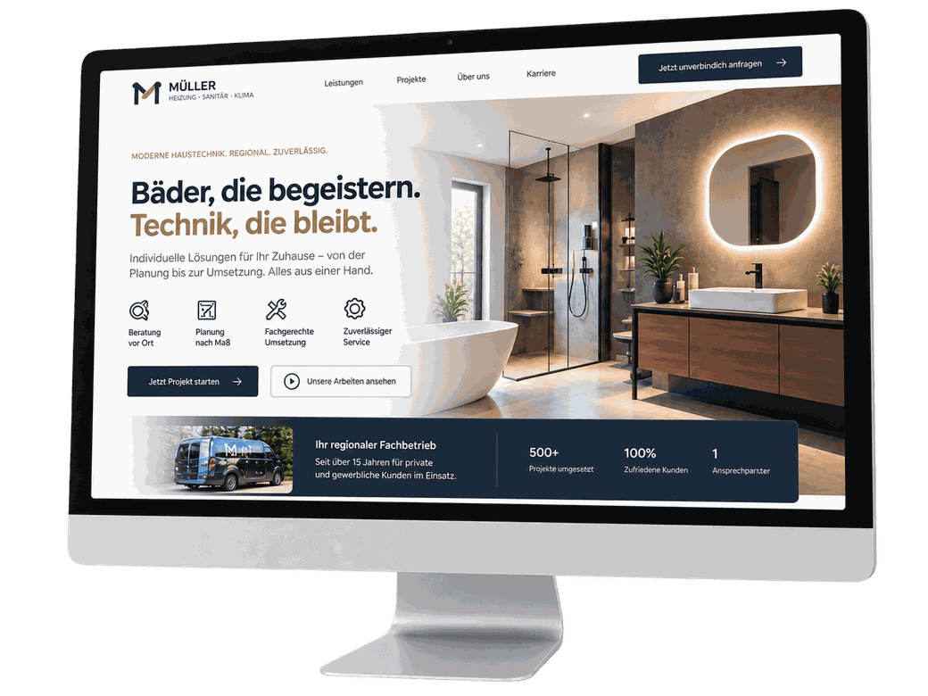 Monitor mit einer modernen Beispiel-Website für den Handwerksbetrieb Müller Heizung Sanitär Klima